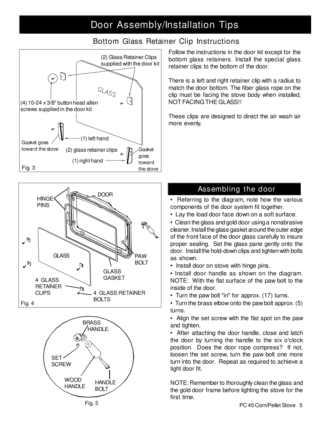 Harman Stove Company PC 45 manual Door Assembly/Installation Tips, Assembling the door 