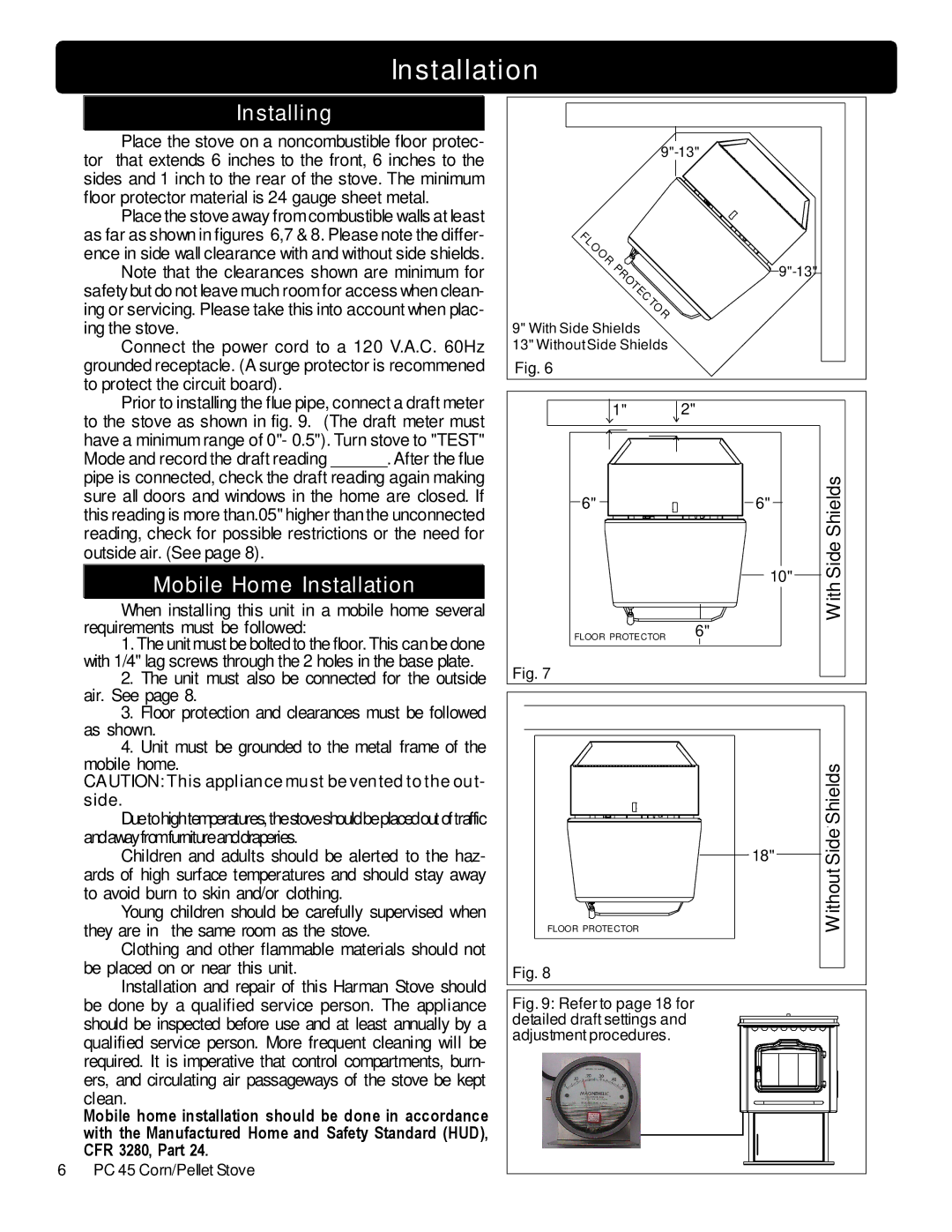 Harman Stove Company PC 45 manual Installing, Mobile Home Installation 