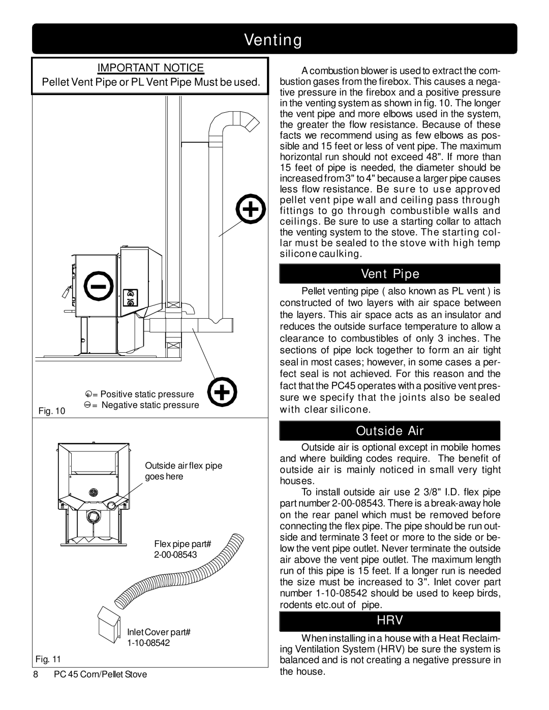 Harman Stove Company PC 45 manual Vent Pipe, Outside Air 