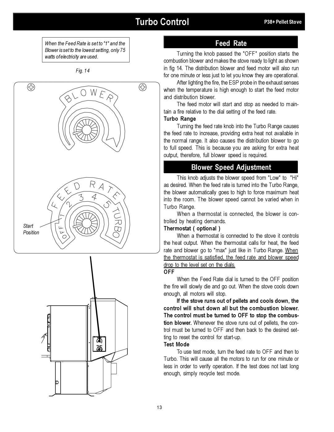 Harman Stove Company PP38+ manual Turbo Control, Feed Rate, Blower Speed Adjustment 