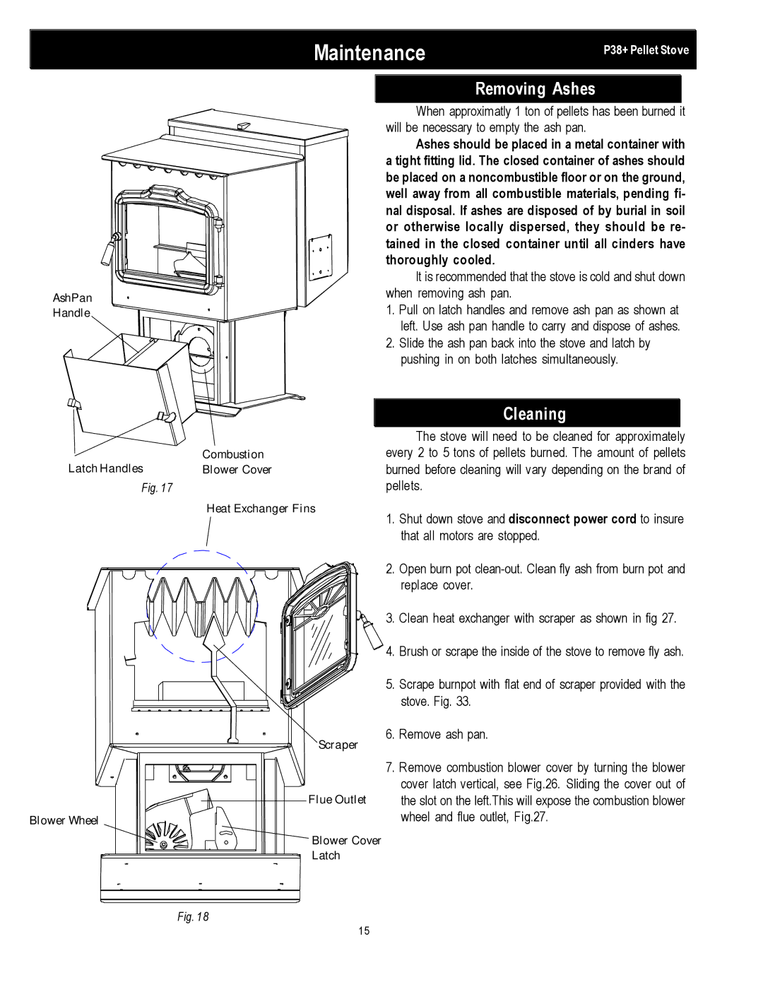 Harman Stove Company PP38+ manual Maintenance, Removing Ashes, Cleaning 