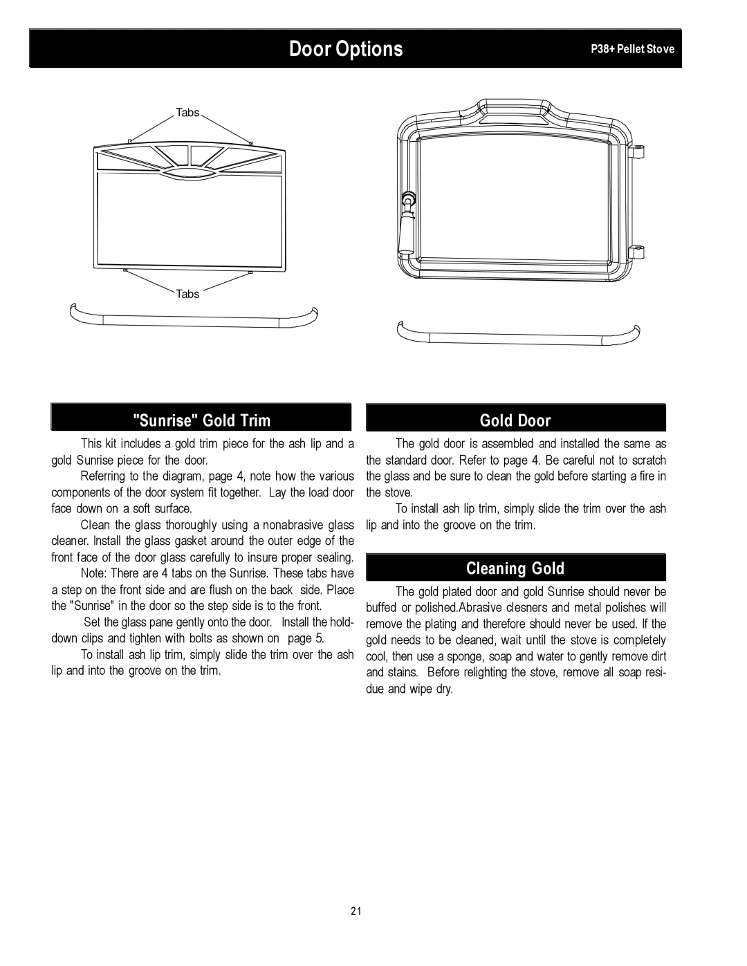 Harman Stove Company PP38+ manual Door Options, Sunrise Gold Trim Gold Door, Cleaning Gold 