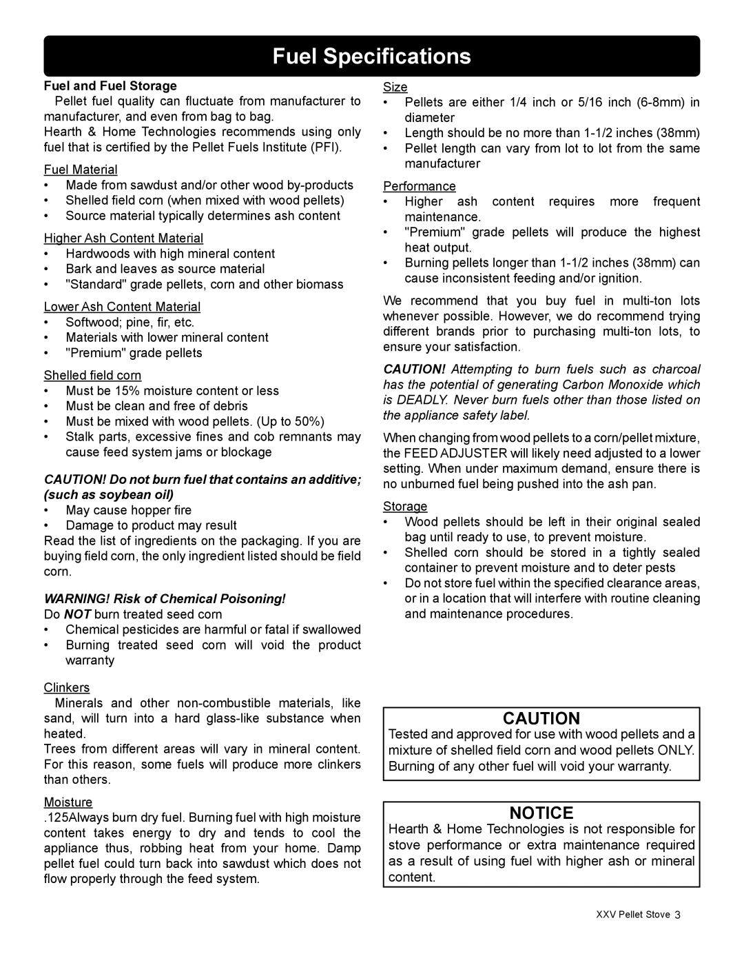 Harman Stove Company R16 manual Fuel Specifications, Fuel and Fuel Storage 