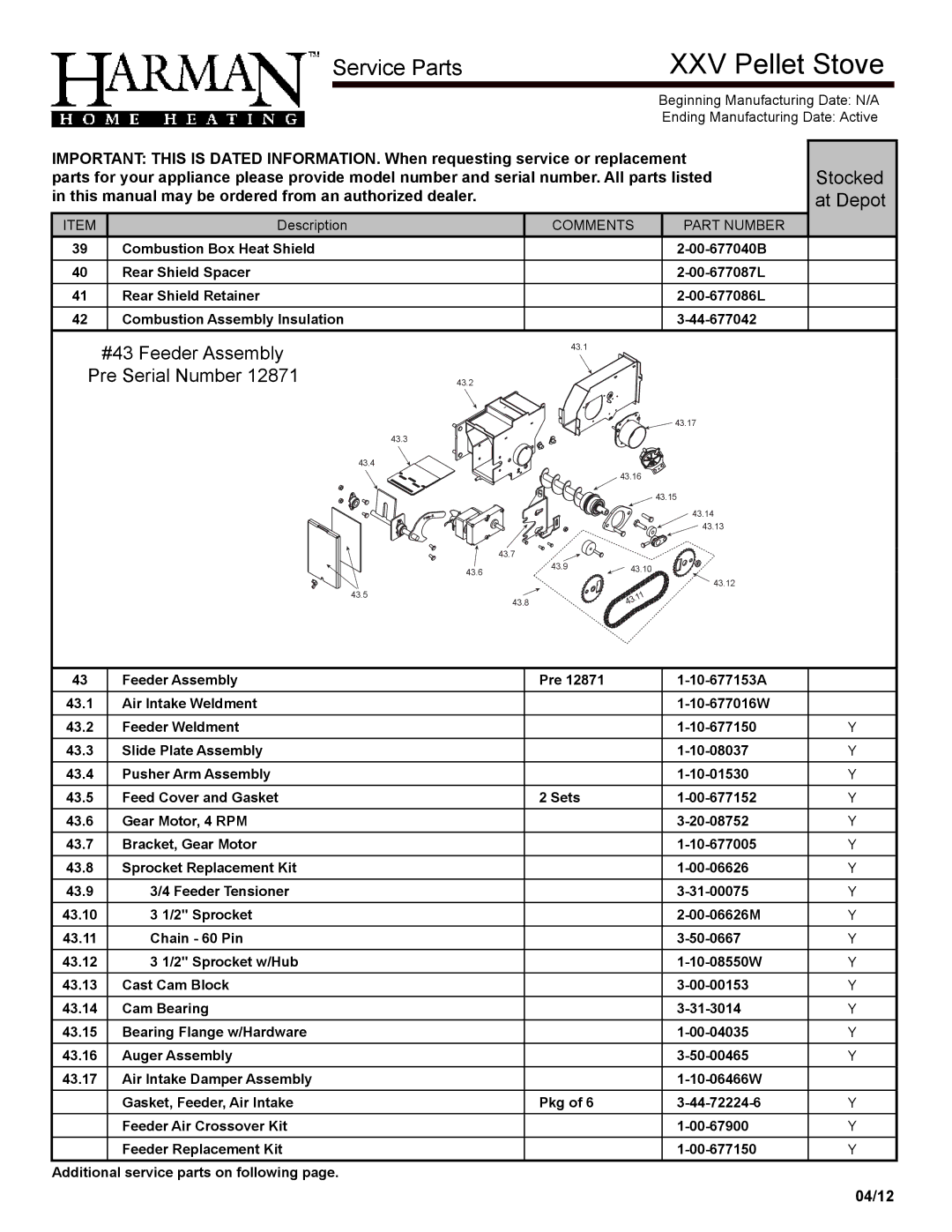 Harman Stove Company R16 manual XXV Pellet Stove 