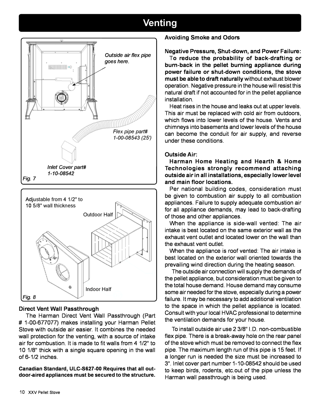 Harman Stove Company R16 manual Venting, Avoiding Smoke and Odors, Outside Air, Direct Vent Wall Passthrough 
