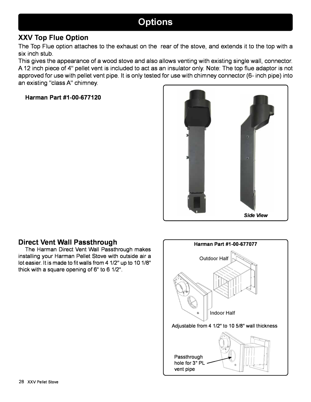 Harman Stove Company R16 manual Options, XXV Top Flue Option, Direct Vent Wall Passthrough 