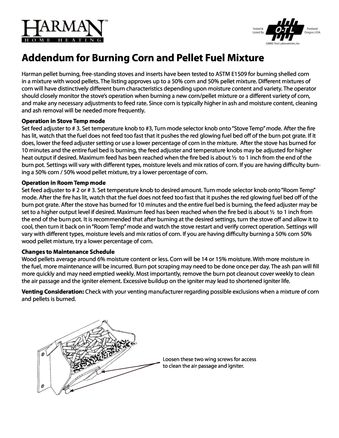 Harman Stove Company R16 manual Addendum for Burning Corn and Pellet Fuel Mixture, Operation in Stove Temp mode 