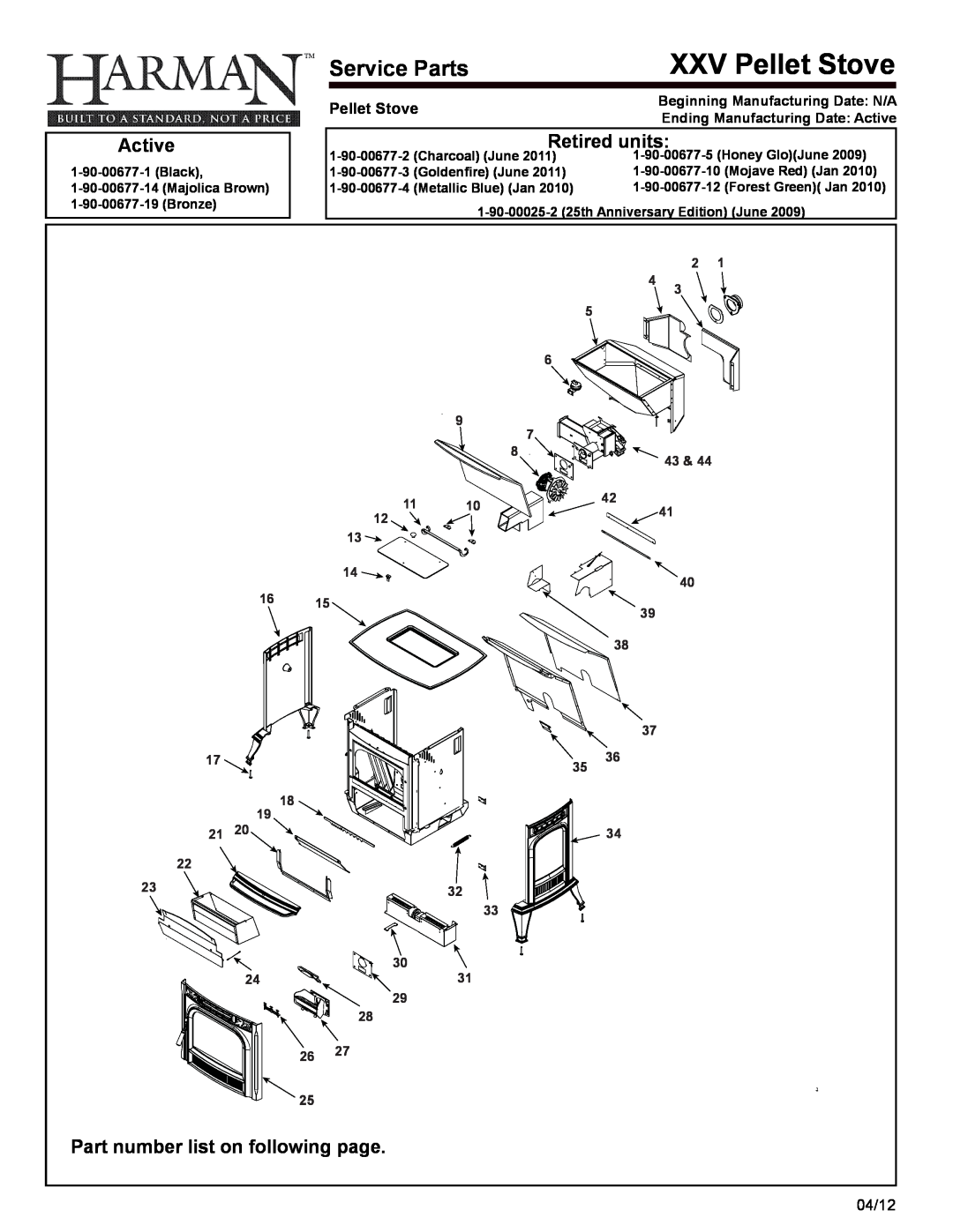 Harman Stove Company R16 manual XXV Pellet Stove, Service Parts 