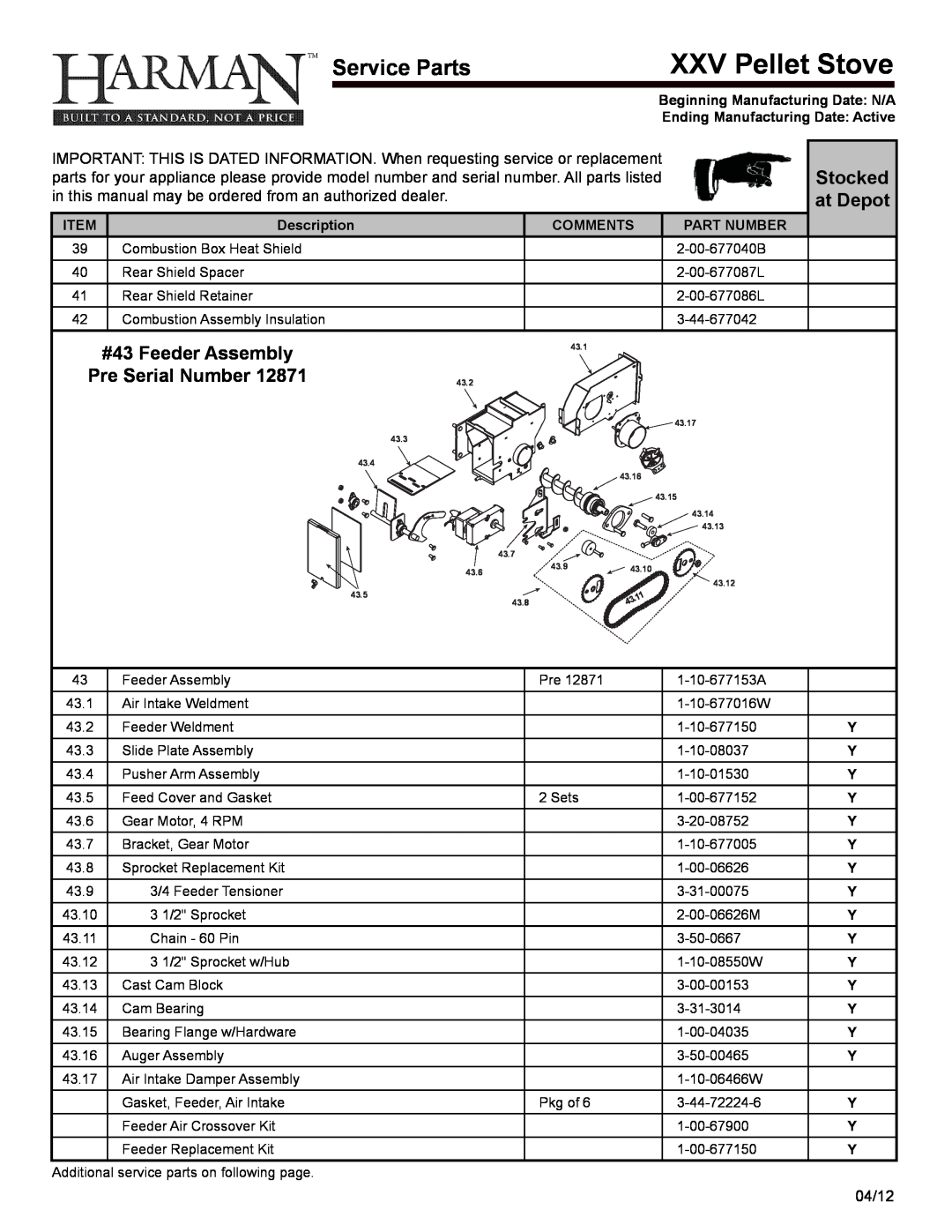 Harman Stove Company R16 manual XXV Pellet Stove, Service Parts, Stocked, at depot, #43 Feeder assembly, Pre Serial number 