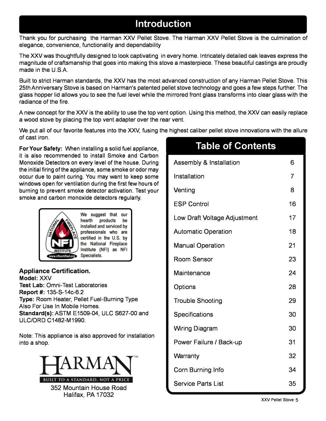 Harman Stove Company R16 manual Introduction, Appliance Certification 