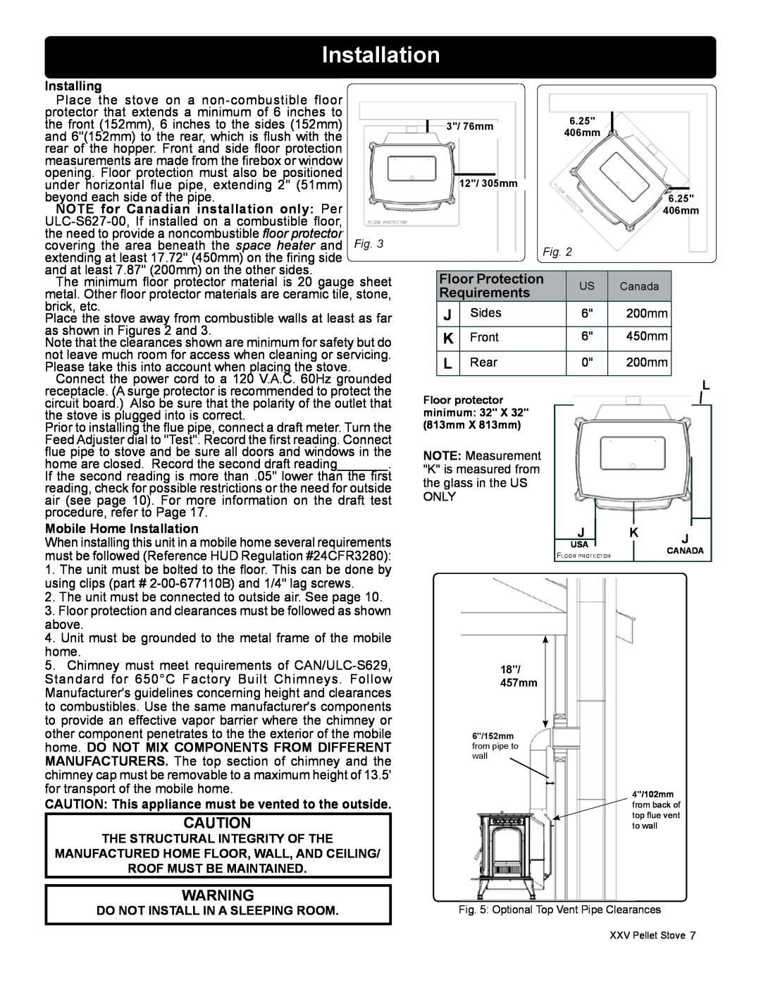 Harman Stove Company R16 manual Installation, Floor Protection, Installing, NOTE for Canadian installation only Per 