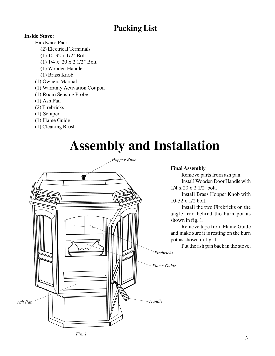 Harman Stove Company R6 owner manual Assembly and Installation, Packing List, Inside Stove, Final Assembly 