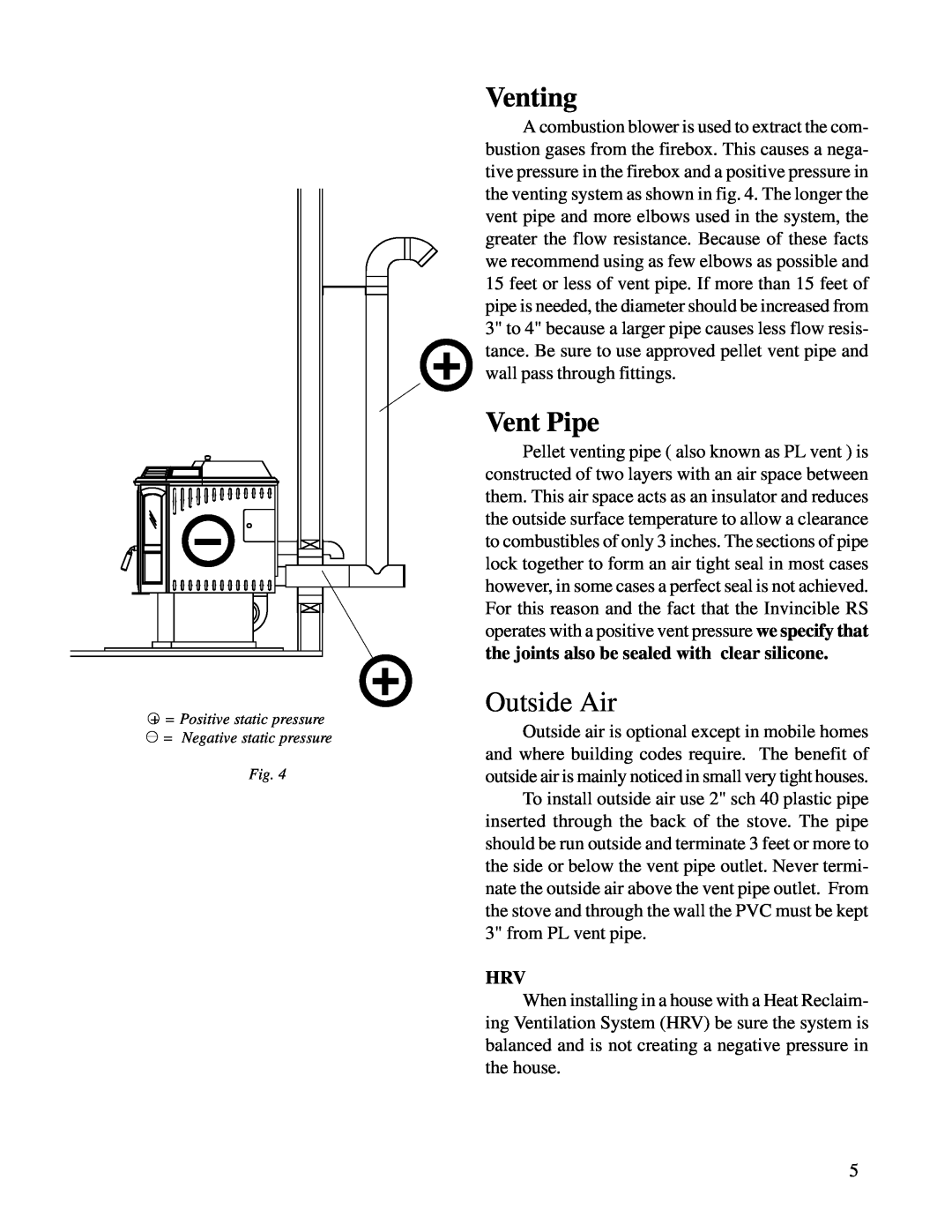 Harman Stove Company R6 owner manual Venting, Vent Pipe, Outside Air 