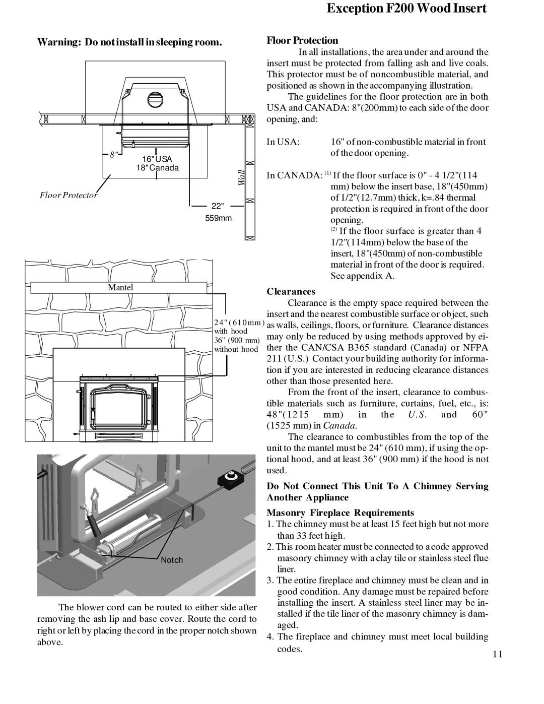 Harman Stove Company R7R1 Exception Wood Fireplace manual Floor Protection, Clearances 