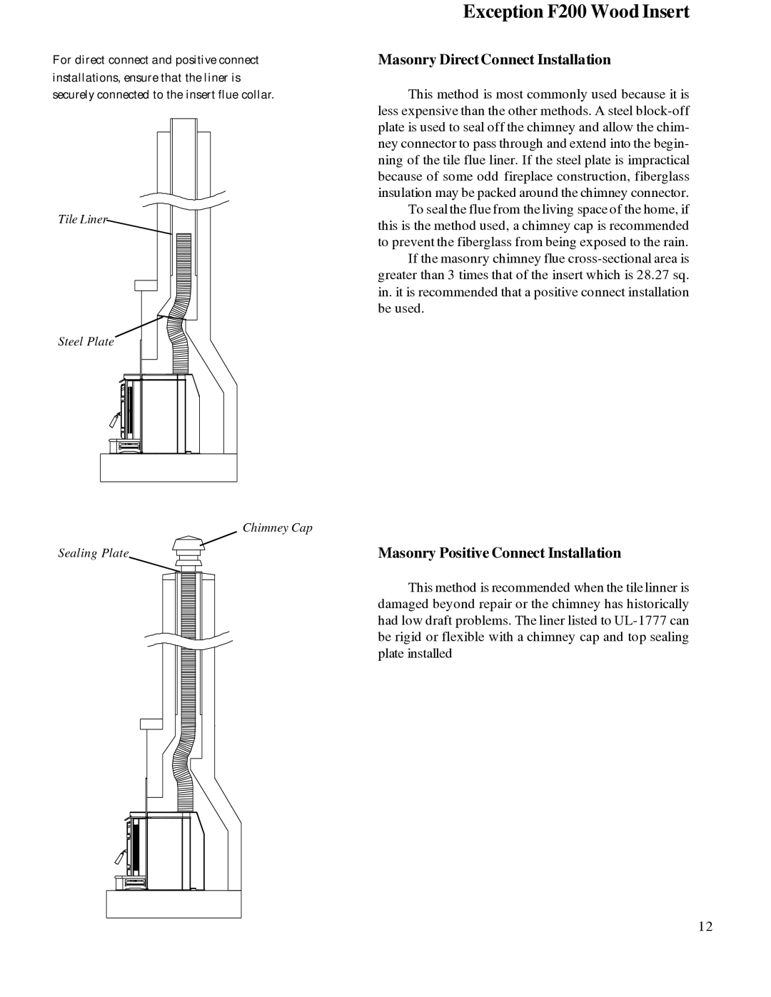 Harman Stove Company R7R1 Exception Wood Fireplace manual Masonry DirectConnect Installation 