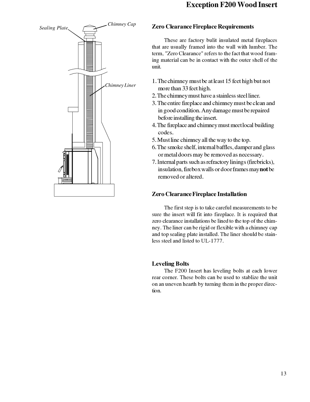 Harman Stove Company R7R1 Exception Wood Fireplace manual Zero Clearance Fireplace Requirements, Leveling Bolts 