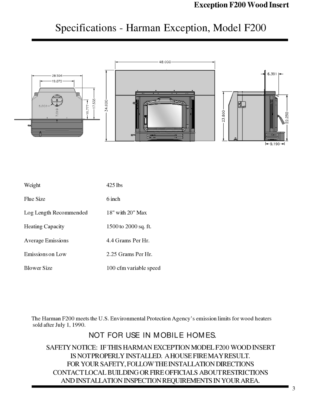 Harman Stove Company R7R1 Exception Wood Fireplace manual Specifications Harman Exception, Model F200 