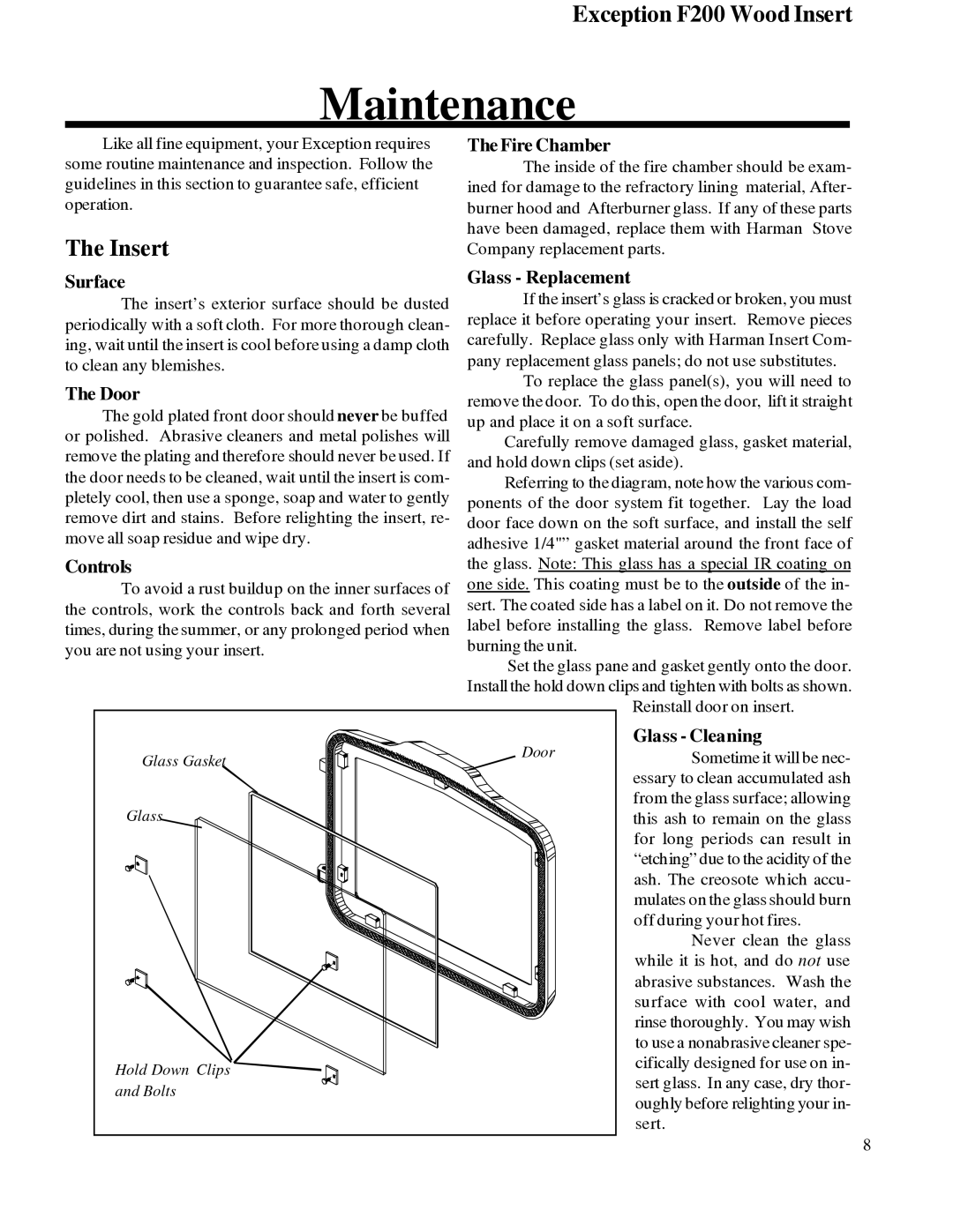 Harman Stove Company R7R1 Exception Wood Fireplace manual Surface, Door, Fire Chamber, Glass Replacement, Glass Cleaning 