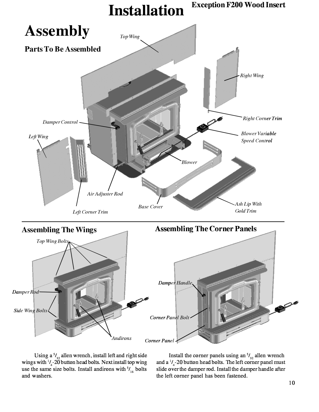 Harman Stove Company R7R1 Exception Wood Fireplace manual Assembly Top Wing, Installation Exception F200 Wood Insert 