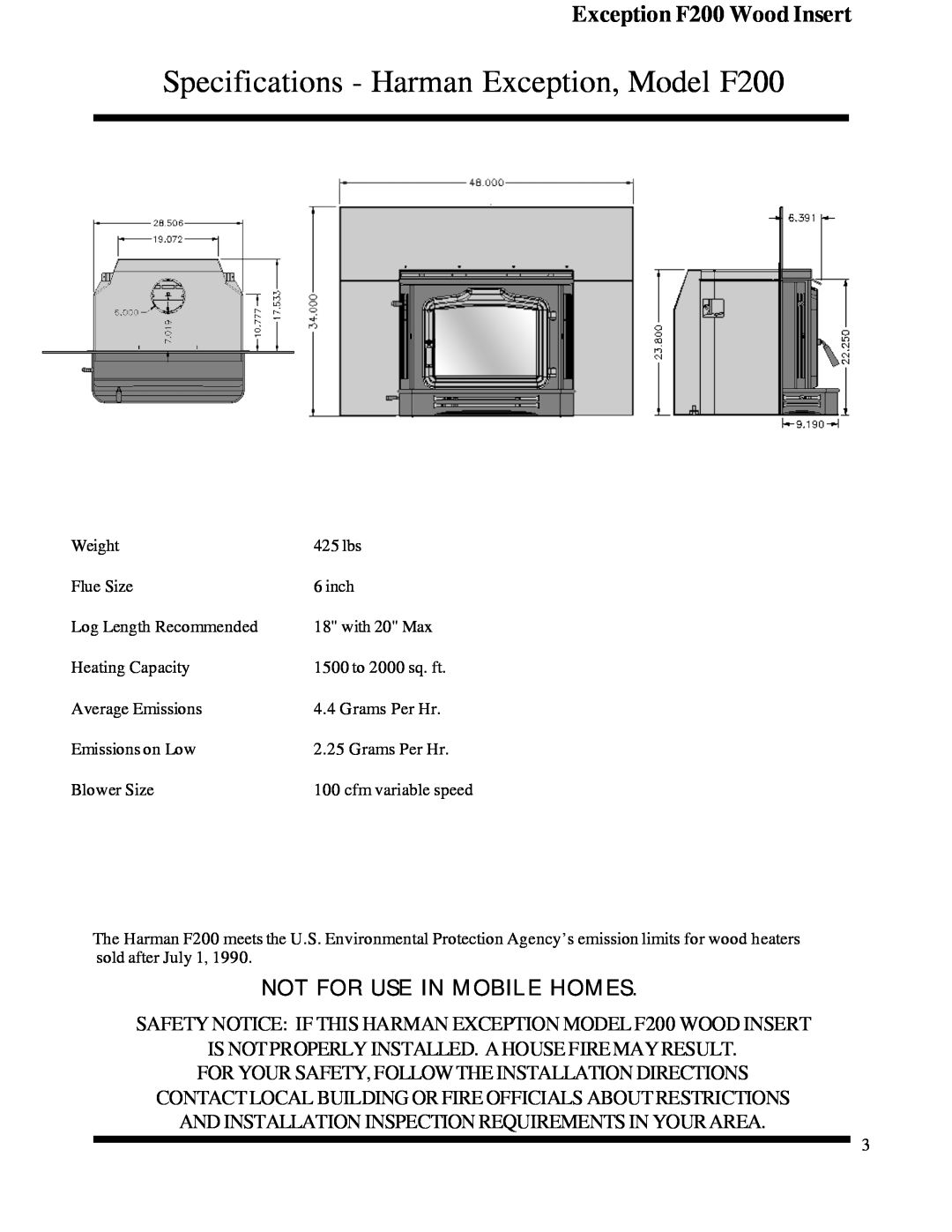 Harman Stove Company R7R1 Exception Wood Fireplace manual Specifications - Harman Exception, Model F200 