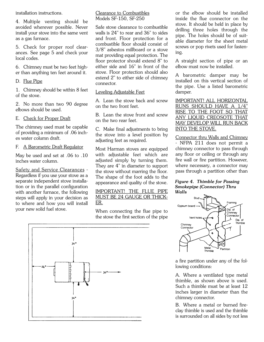 Harman Stove Company SF-150 SF-250 manual Clearance to Combustibles Models SF-150, SF-250 