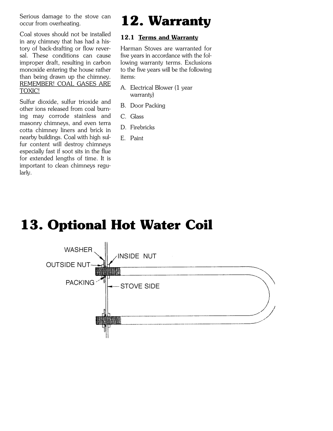 Harman Stove Company SF-150 SF-250 manual Warranty, Optional Hot Water Coil, REMEMBER! Coal Gases are Toxic 