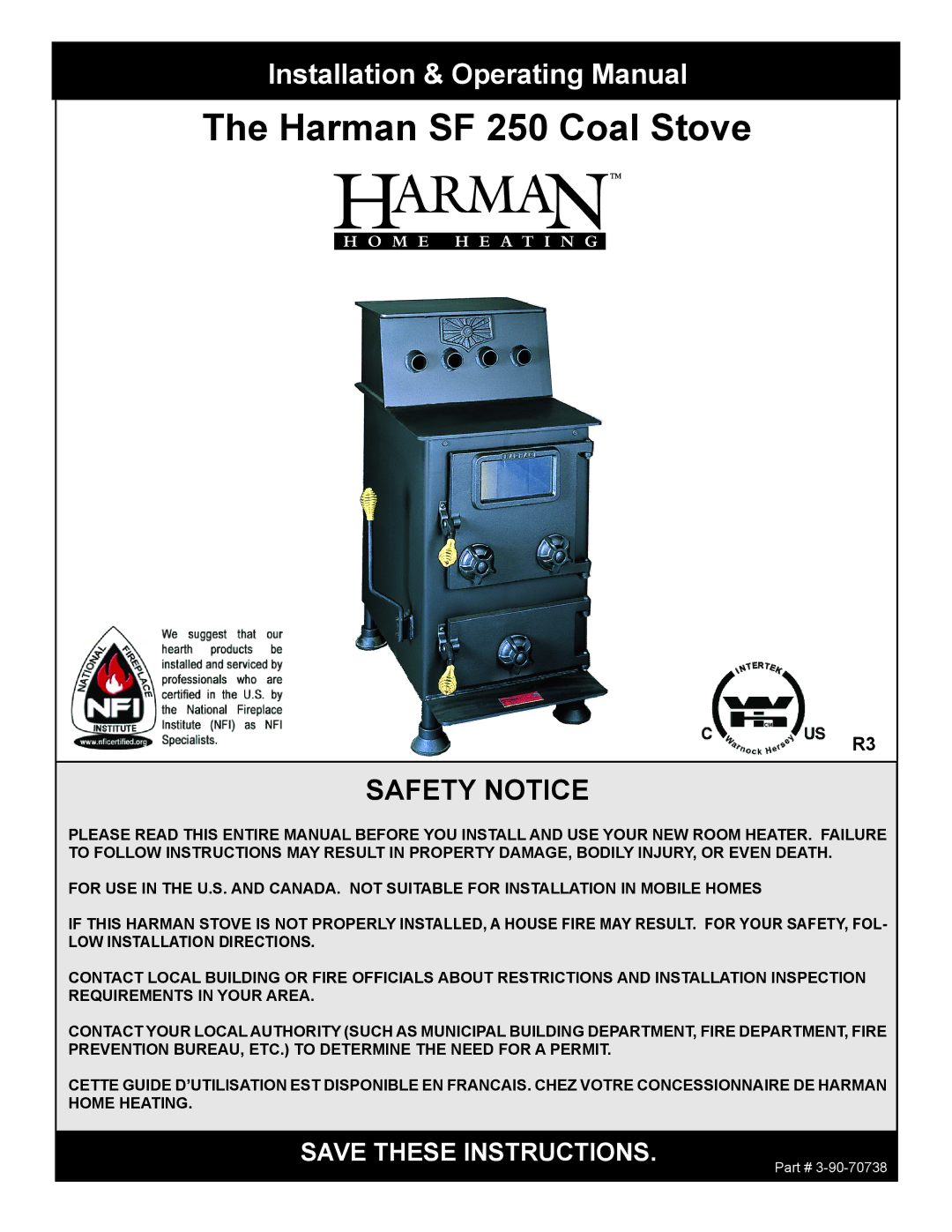 Harman Stove Company manual Harman SF 250 Coal Stove, Installation & Operating Manual 