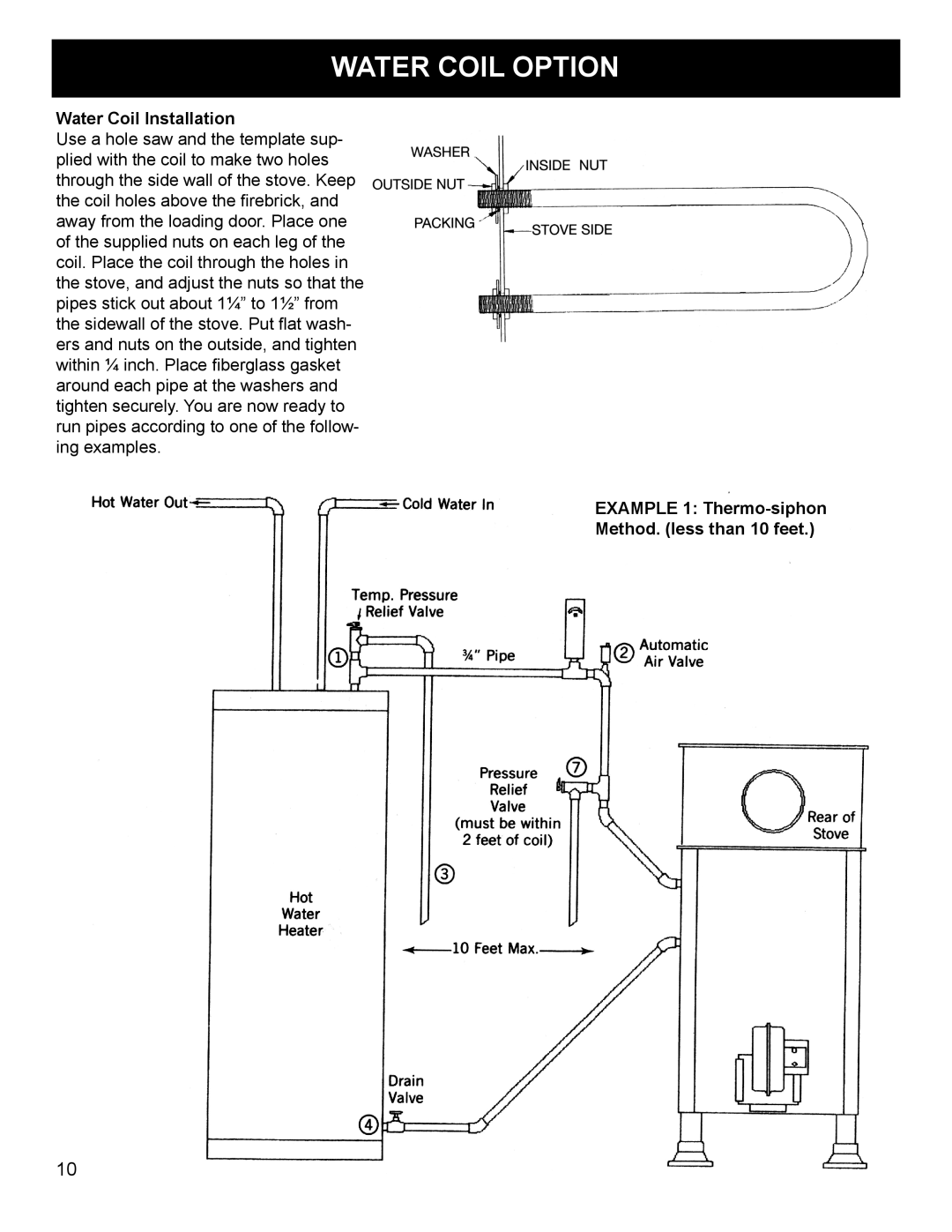Harman Stove Company SF 250 Water coil option, Water Coil Installation, Example 1 Thermo-siphon Method. less than 10 feet 