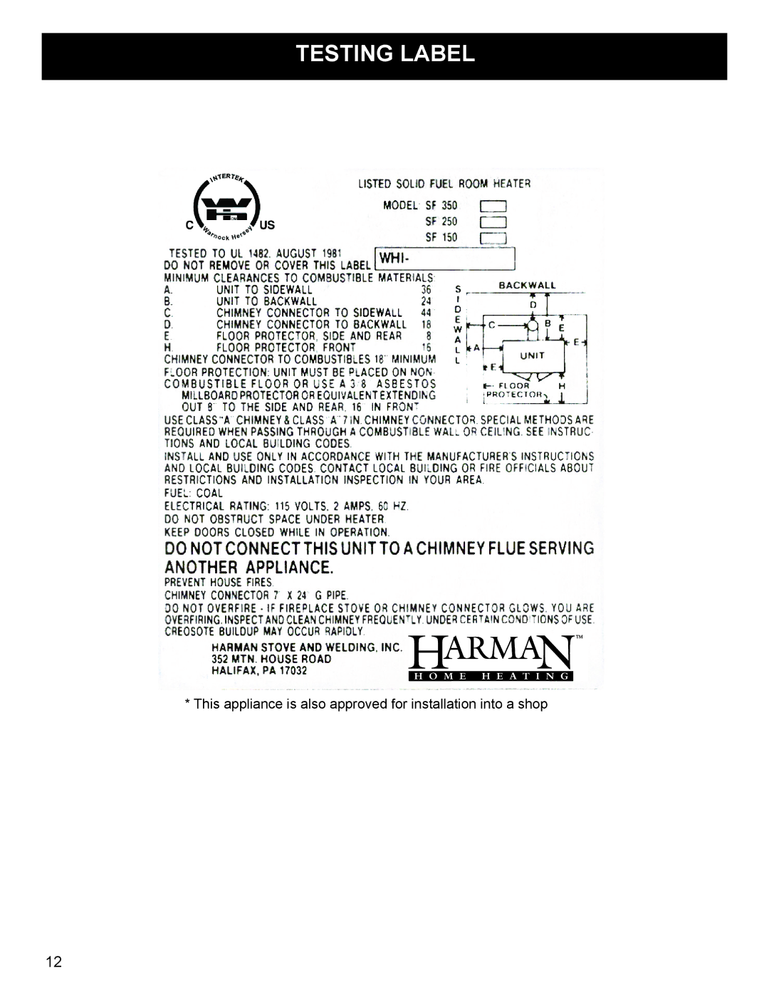 Harman Stove Company SF 250 manual Testing label 