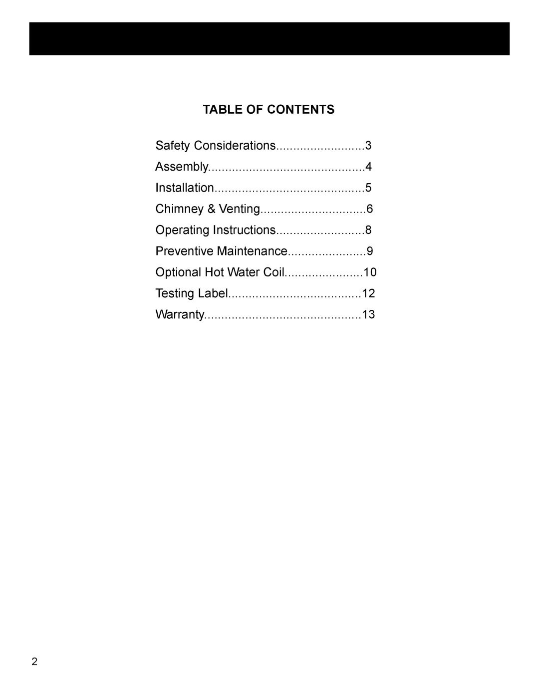 Harman Stove Company SF 250 manual Table of Contents 