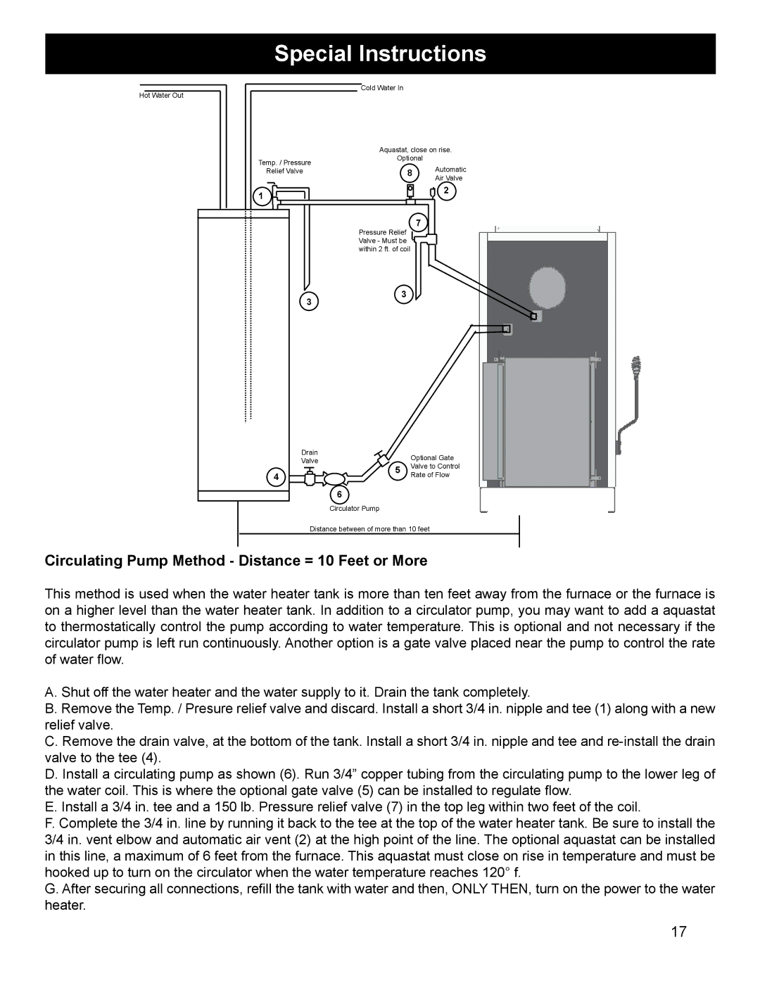 Harman Stove Company SF1500A manual Circulating Pump Method Distance = 10 Feet or More 