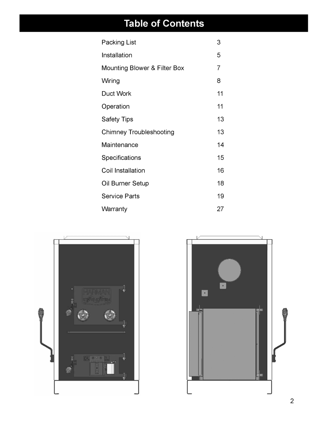 Harman Stove Company SF1500A manual Table of Contents 