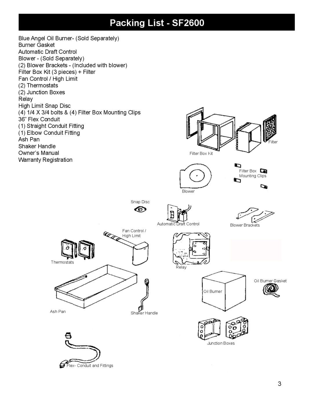 Harman Stove Company SF1500A manual Packing List SF2600 