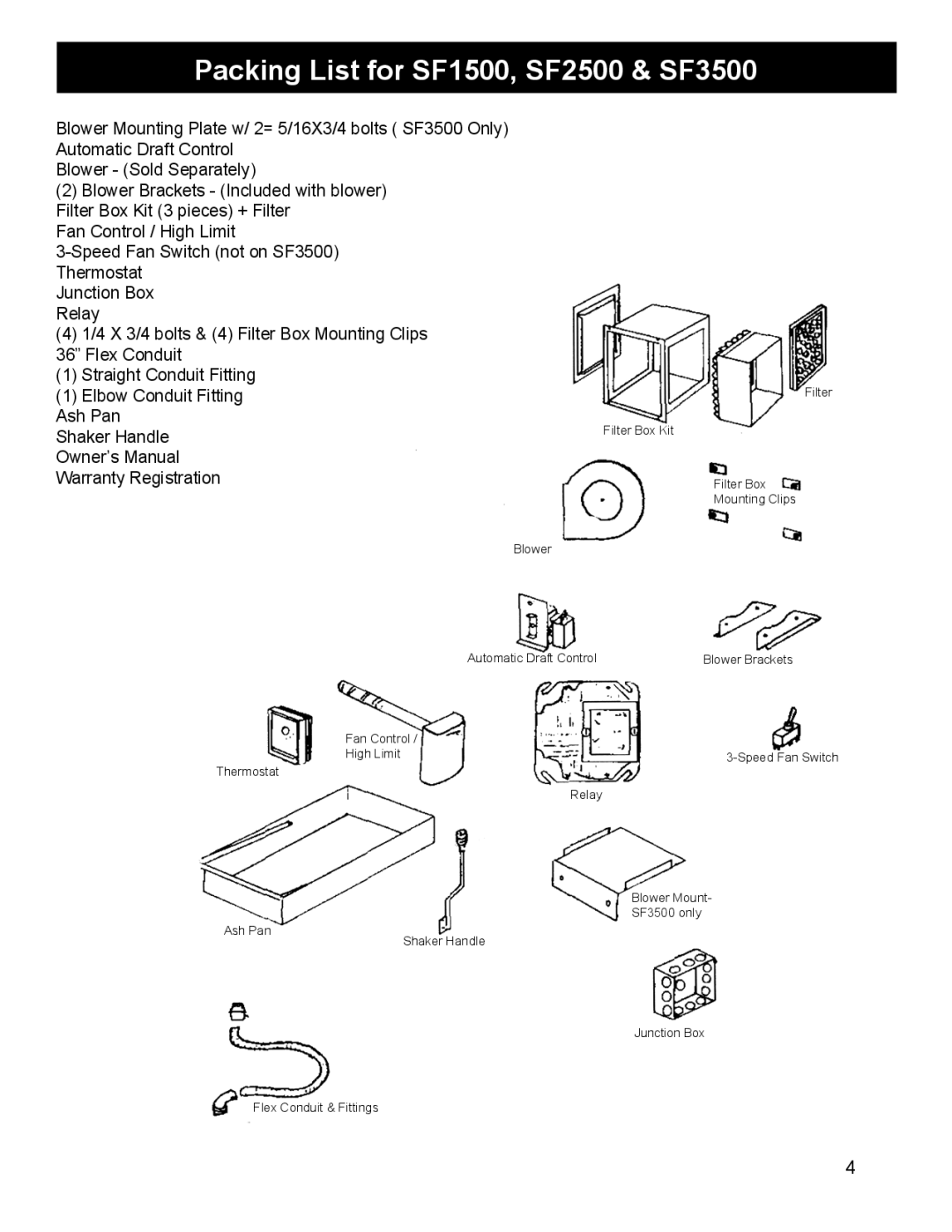 Harman Stove Company SF1500A manual Packing List for SF1500, SF2500 & SF3500 