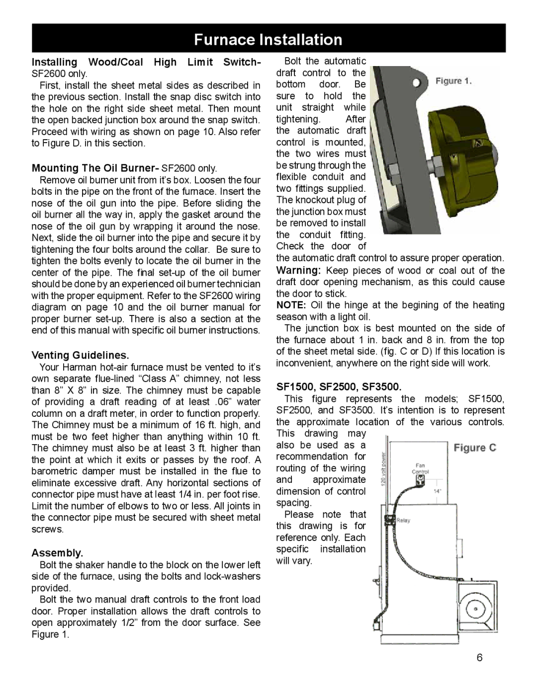 Harman Stove Company SF1500A manual Installing Wood/Coal High Limit Switch, Mounting The Oil Burner- SF2600 only, Assembly 