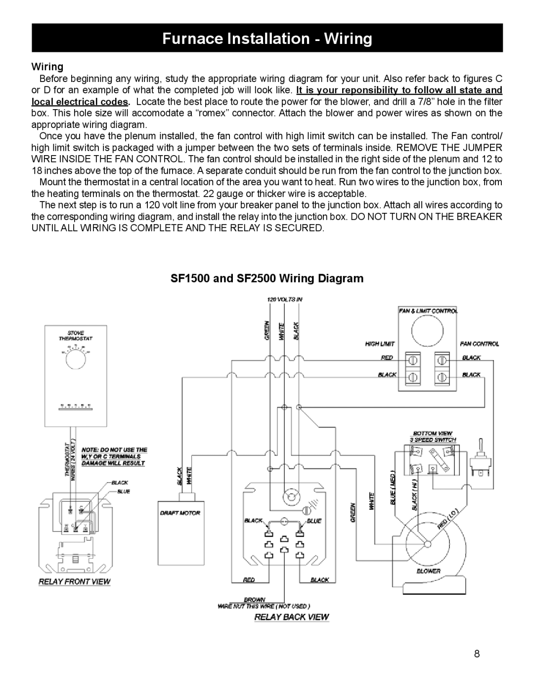 Harman Stove Company SF1500A manual Furnace Installation Wiring 