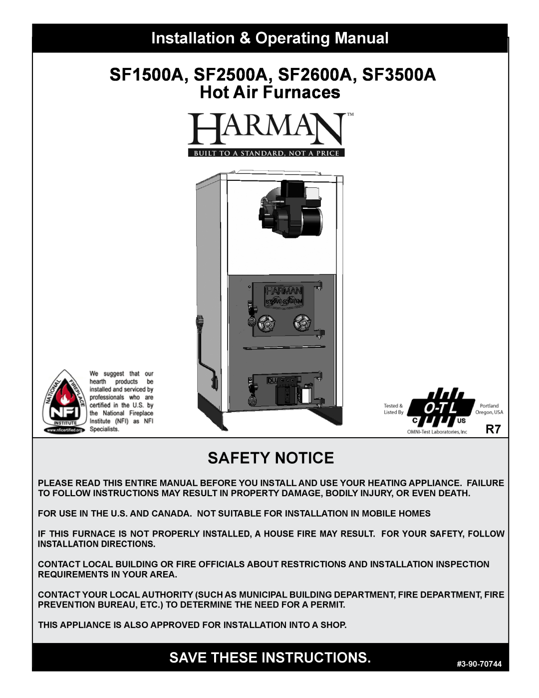 Harman Stove Company manual SF1500A, SF2500A, SF2600A, SF3500A, Hot Air Furnaces, Installation & Operating Manual 