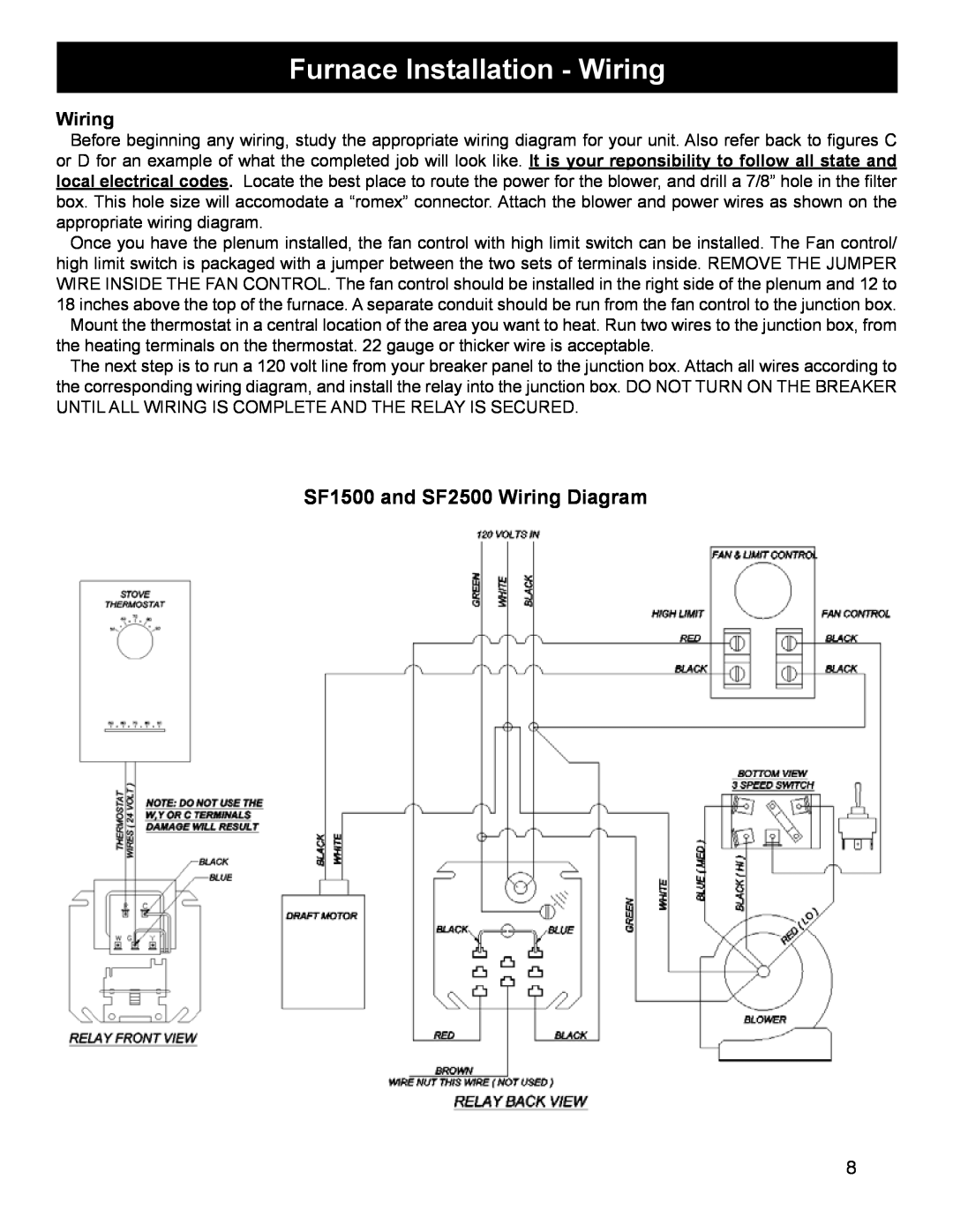 Harman Stove Company SF1500A manual Furnace Installation - Wiring, SF1500 and SF2500 Wiring Diagram 