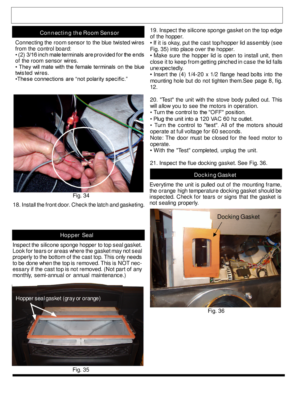 Harman Stove Company The Harman Accentra Pellet Insert manual Installation16, Connecting the Room Sensor, Docking Gasket 