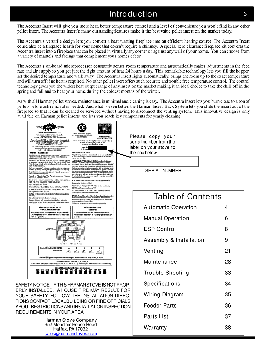 Harman Stove Company The Harman Accentra Pellet Insert manual Introduction3, Table of Contents 