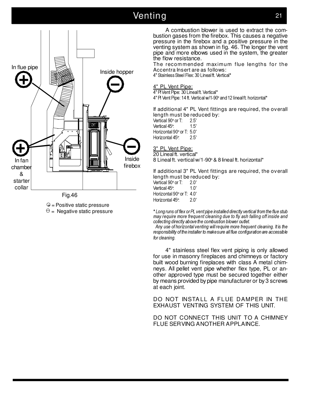 Harman Stove Company The Harman Accentra Pellet Insert manual Venting21, PL Vent Pipe 