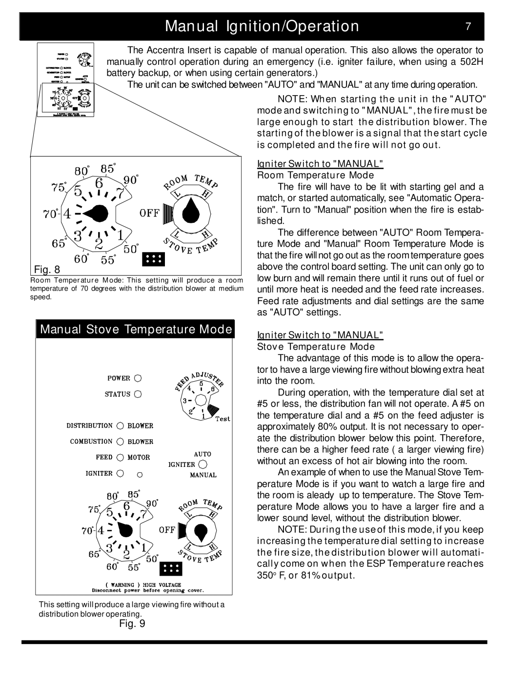 Harman Stove Company The Harman Accentra Pellet Insert manual Manual Ignition/Operation, Manual Stove Temperature Mode 