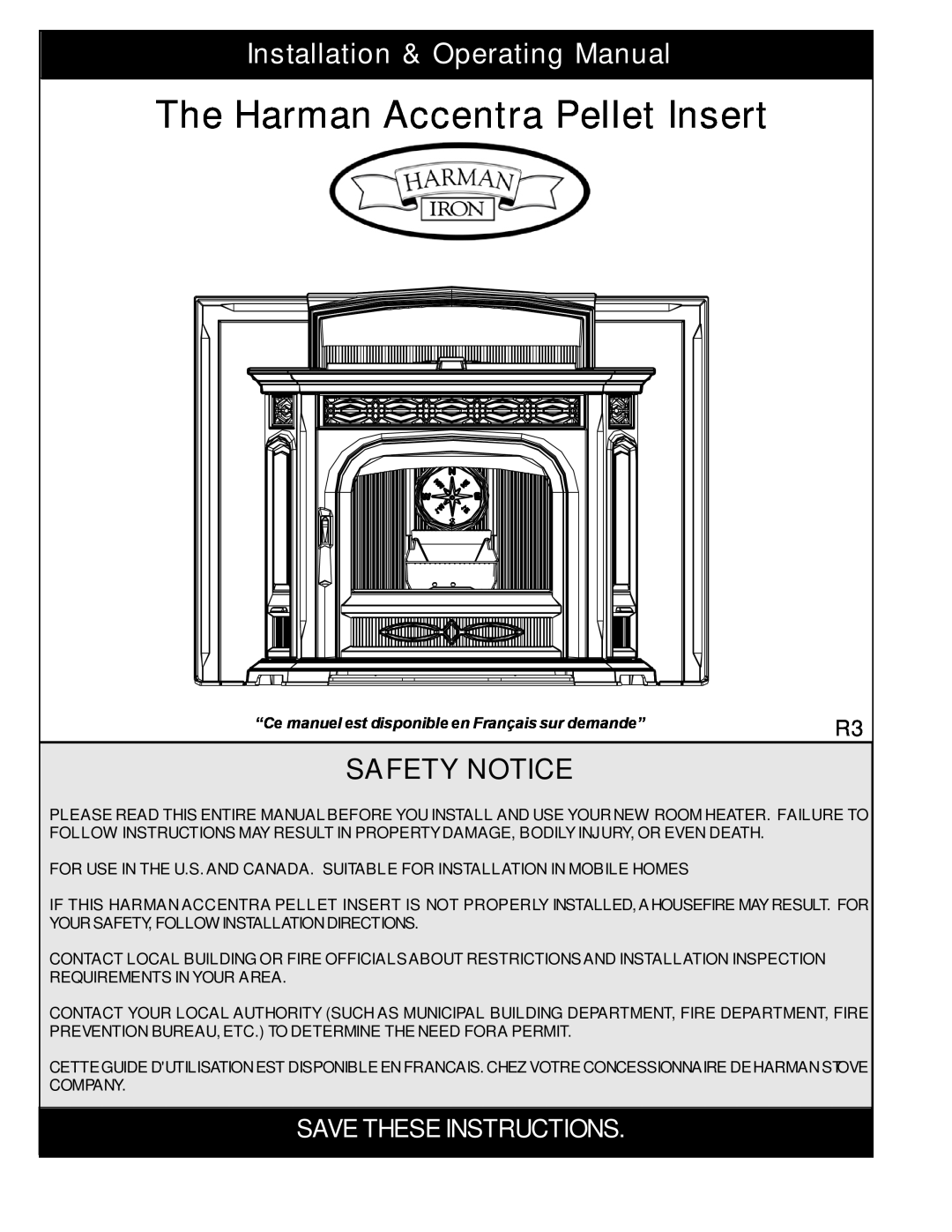 Harman Stove Company The Harman Accentra Pellet Insert manual Installation & Operating Manual, Safety Notice 