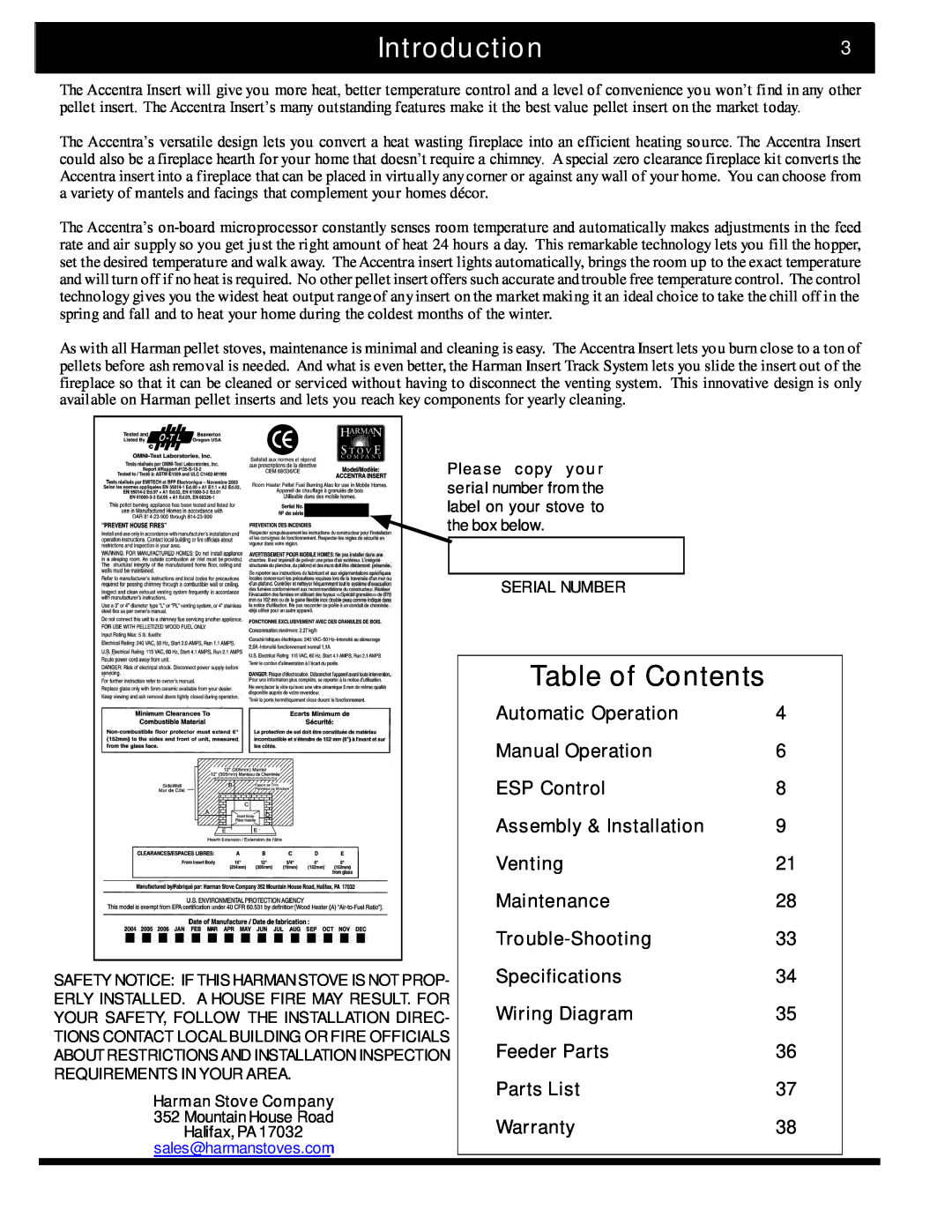 Harman Stove Company The Harman Accentra Pellet Insert manual Introduction3, Table of Contents 