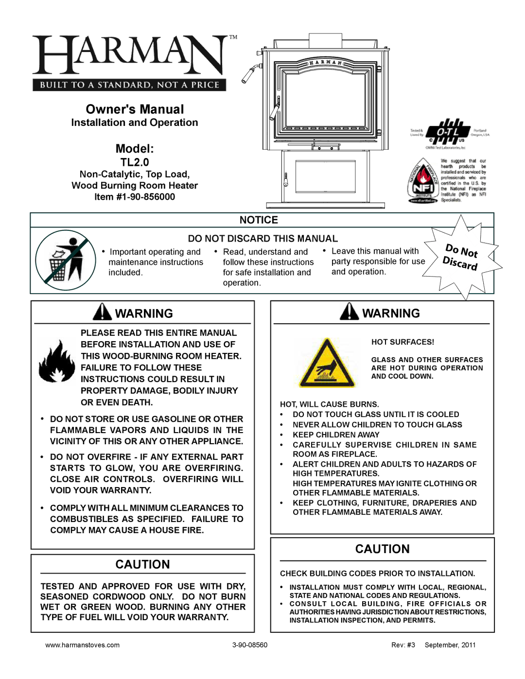 Harman Stove Company TL2.0 manual Installation and Operation, Do Not Discard 