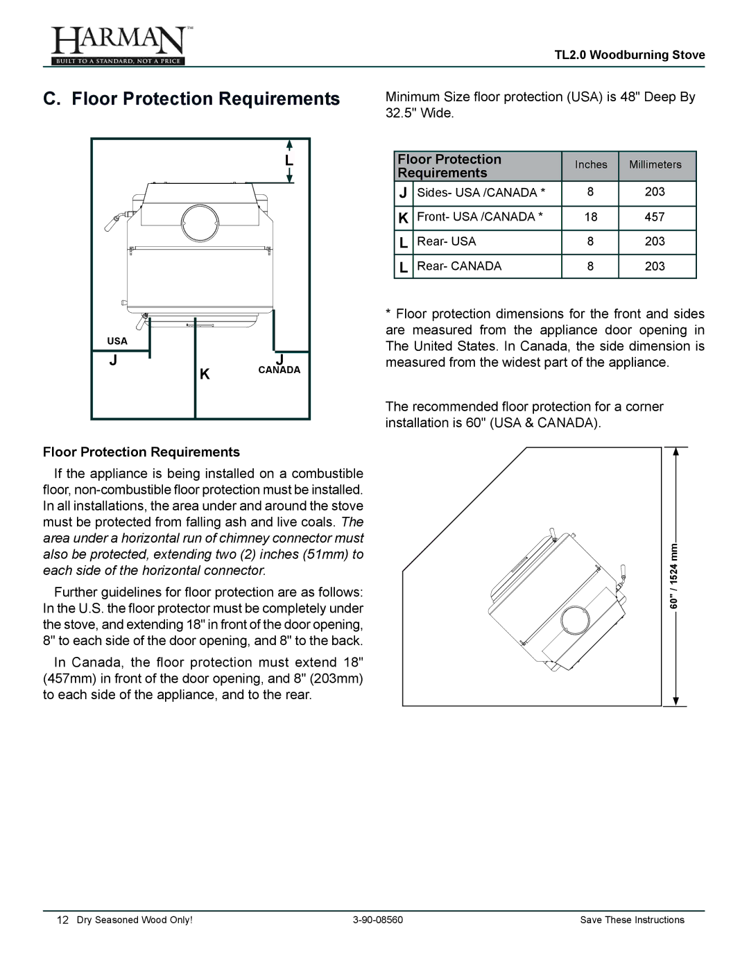 Harman Stove Company TL2.0 manual Floor Protection Requirements 