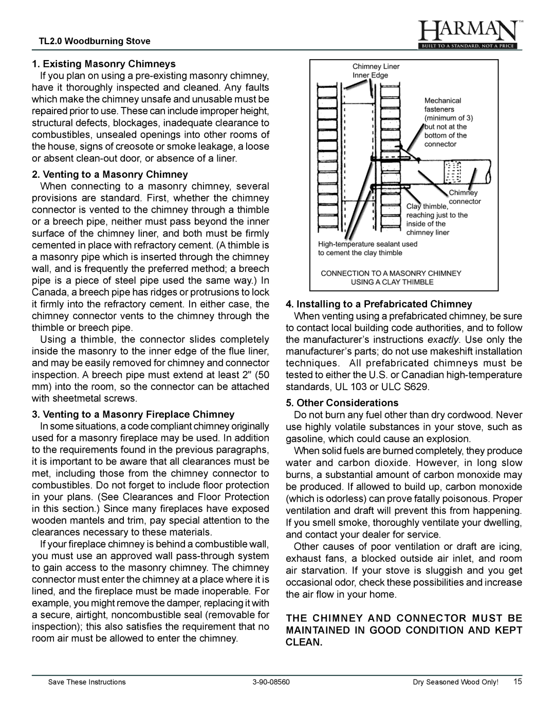 Harman Stove Company TL2.0 Existing Masonry Chimneys, Venting to a Masonry Chimney, Venting to a Masonry Fireplace Chimney 