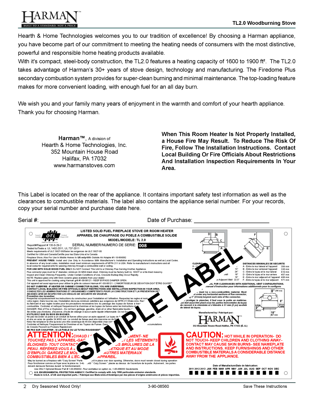 Harman Stove Company TL2.0 House Fire May Result. To Reduce The Risk, Hearth & Home Technologies, Inc, Mountain House Road 