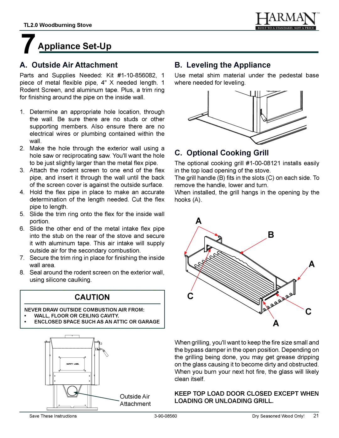 Harman Stove Company TL2.0 manual 7Appliance Set-Up, Outside Air Attachment, Leveling the Appliance, Optional Cooking Grill 