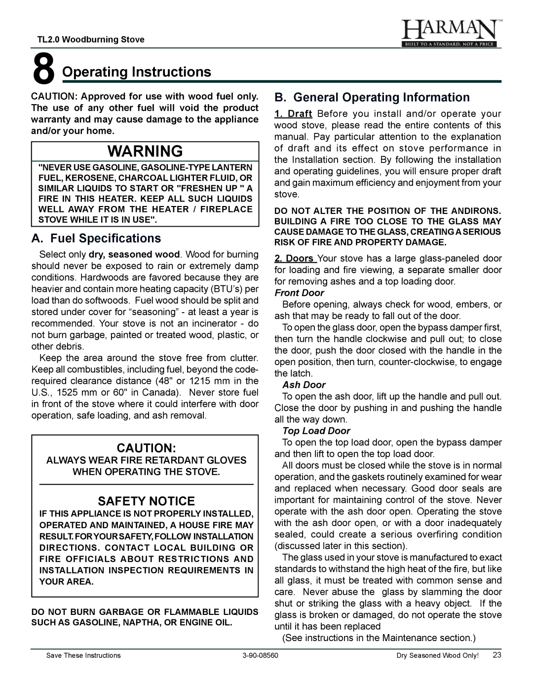 Harman Stove Company TL2.0 manual Operating Instructions, Fuel Specifications General Operating Information 